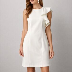 Nine West Cream Asymmetrical Ruffle Sheath Dress
